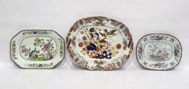 Large brown transfer-printed and hand-painted meat plate and two others (3)