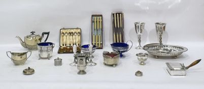 Quantity of silver plated ware and other items to include three-piece tea set, oval basket, boxed