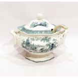 19th century pottery pedestal soup tureen with ladle and lid, transfer-printed, 25cm approx (