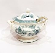 19th century pottery pedestal soup tureen with ladle and lid, transfer-printed, 25cm approx (