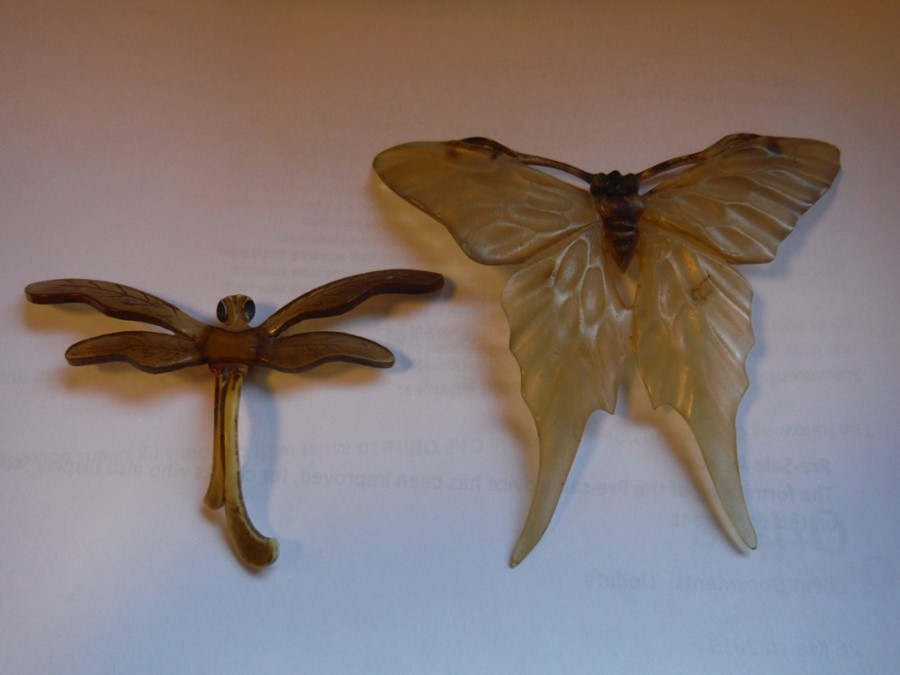 Elizabeth Bonte horn butterfly, signed to back, and a similar dragonfly