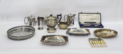 Large quantity of silver plated ware to include table flatware, circular galleried tray, teapot,