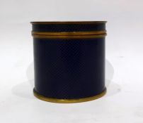 Chinese blue enamel and gilt metal cloisonne canister, cylindrical, lidded, with allover trelliswork