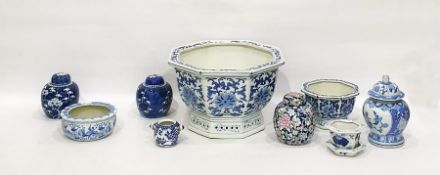 Quantity of Oriental blue and white including pair of prunus blossom ginger jars, large