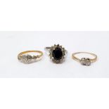 Gold and two-stone diamond crossover ring (marks on shank worn), another gold and diamond ring and