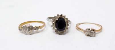 Gold and two-stone diamond crossover ring (marks on shank worn), another gold and diamond ring and