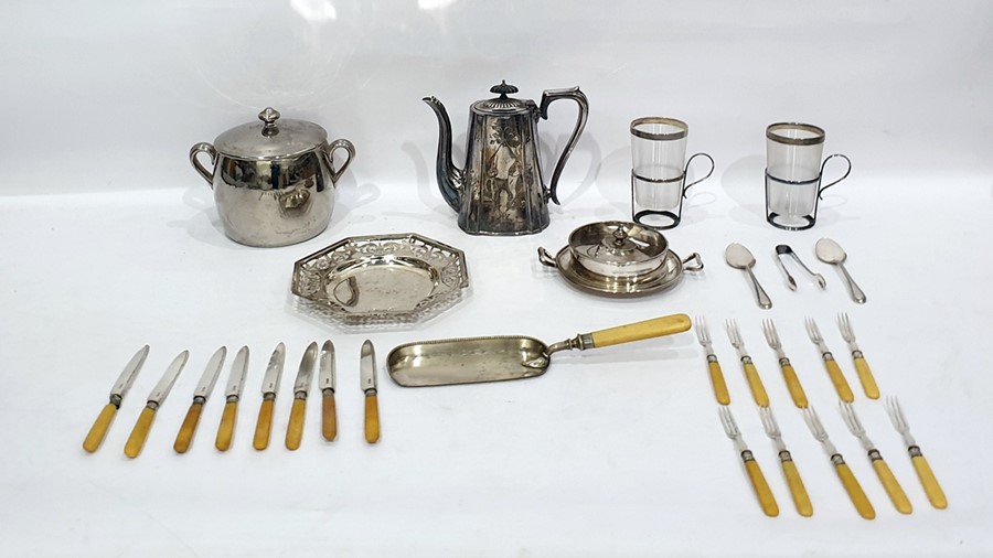 Quantity of silver plated items to include ribbed glass silver-topped beakers, dessert fruit set,