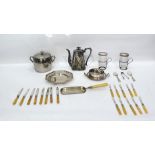 Quantity of silver plated items to include ribbed glass silver-topped beakers, dessert fruit set,
