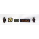 Small pair of Japanese cloisonne enamel vases, ovoid, 9cm high, a lacquer pencil box, a gilt and