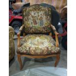 Open arm chair with woolwork seat and back, on cabriole supports