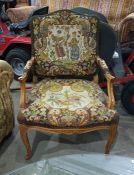 Open arm chair with woolwork seat and back, on cabriole supports