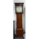 19th century longcase clock, the square painted dial with Arabic numerals, rose decoration and