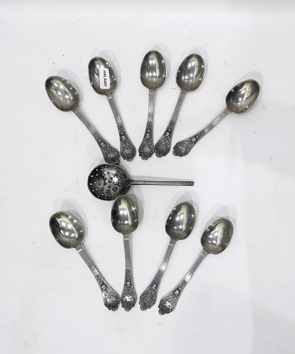 Nine pewter spoons, the handles decorated with stylised love-heart and initials 'LE' and a pewter
