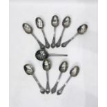 Nine pewter spoons, the handles decorated with stylised love-heart and initials 'LE' and a pewter