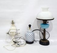 19th century oil lamp converted to electricity, with glass shade and blue glass well and two