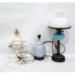 19th century oil lamp converted to electricity, with glass shade and blue glass well and two