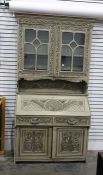 Victorian painted oak bureau bookcase, the astragal glazed top enclosing shelves, the fall front