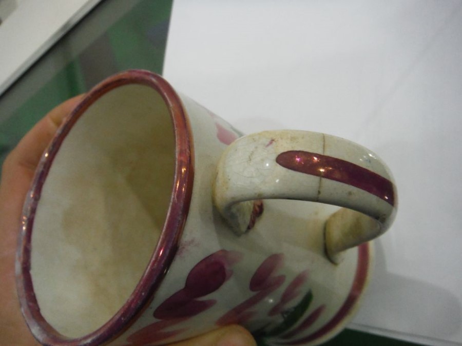 Victorian pink lustre pottery mug printed with a s - Image 4 of 8