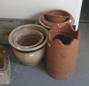 Garden planters - 7, various sizes and a plastic 'terracotta' chimney top