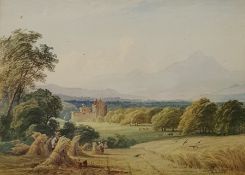 Joshua Renshaw (1813-1872) Watercolour  Harvest time with castle in middle ground, 24cm x 34cm