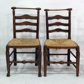 Set of six Macclesfield ladderback chairs with turned top rail, shaped ladderbacks, rush seated,