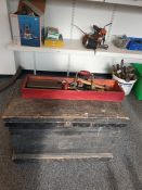 Large woodworkers chest and contents including wooden jack plane, woodworking and carving tools,