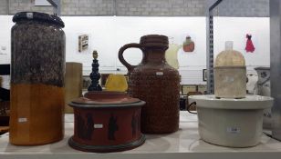 Large Bavaria brown ceramic vase with mottled brown drip glaze, a large Bavaria ceramic flagon, a