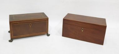 19th century mahogany tea caddy of plain rectangular form, the interior fitted with two caddies