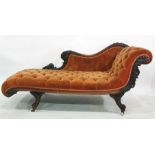 Early Victorian mahogany chaise longue with foliate carved exposed frame, raised upon white china