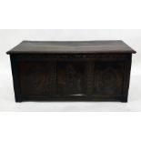 18th century oak coffer with three diamond carved panels to the front, on cut-down stile supports,