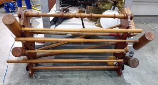 Jaques style croquet set on stand, having seven va