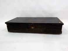 Low stained pine box on castors, 124cm x 25.5cm