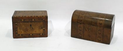 Victorian walnut tea caddy of rectangular form, with domed cover, decorated with bands of