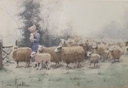 Edward van Goethem (1857-1924) Watercolour  Girl with flock of sheep, signed lower left, 21cm x 41cm