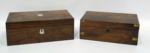 Victorian walnut writing box of plain rectangular form and another walnut writing box of rectangular