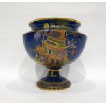 Carltonware pedestal bowl decorated with pagoda scenes, on a blue ground (unmarked), 17cm high