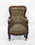 19th century walnut-framed armchair with upholstered button back, serpentine front seat, heavy