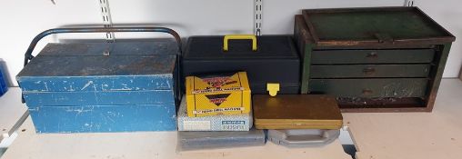 Three tool boxes and contents, boxed hand drill and other items
