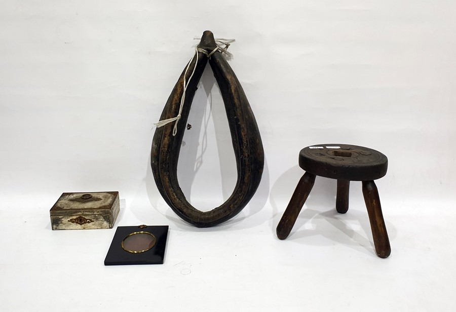 Small antique three-legged stool, a Victorian metal-bound small box, a leather yoke and a 19th