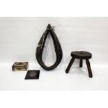 Small antique three-legged stool, a Victorian metal-bound small box, a leather yoke and a 19th
