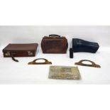 Small Gladstone bag, a pair of bakelite bag handles, "The Illustrated Carpenter and Builder", two