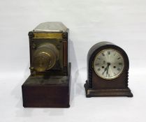 Wood and brass magic lantern with electric conversion and an oak mantel clock in arched case, with