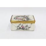Georgian enamel tobacco box, rectangular, the cover painted with pair of lovers in garden setting,