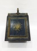 Victorian painted black metal coal box with ornate scroll handle, the framed panel front floral