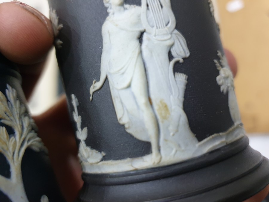 Pair of Wedgwood black basalt cylindrical spill va - Image 12 of 14