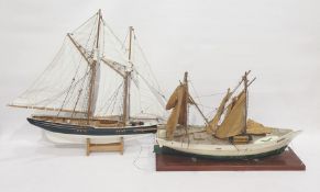 Wooden sailing boat model, double-masted sailing boat 'Carmella, Bristol' and another wooden model