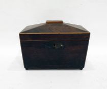 19th century rosewood tea caddy of sarcophagus-shape, with boxwood stringing and lion's mask