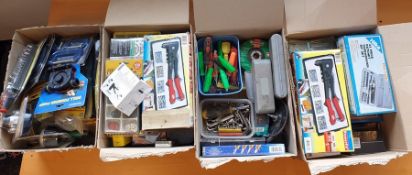 Four boxes of various tools and accessories including pop riveters, screwdrivers, plier sets and a