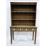 19th century pine dresser with two shelves above two drawers, on rectangular section supports, 130cm