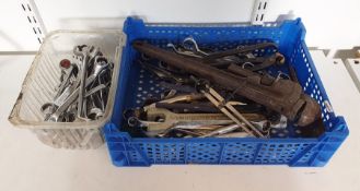 Various spanners, mole grips, pincers (2 boxes)